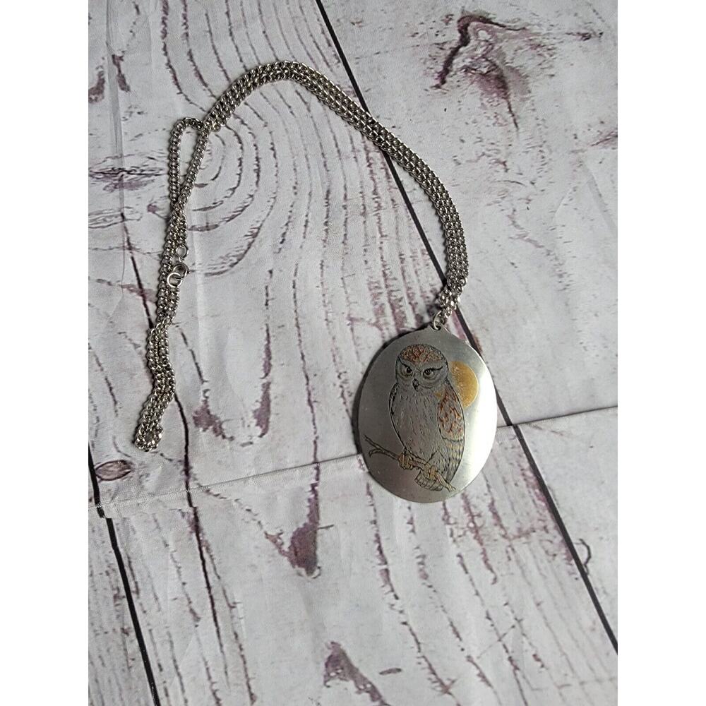 Signed Reed & Barton Damascene 11" Necklace 2 7/8" Pendant Owl Bird VTG